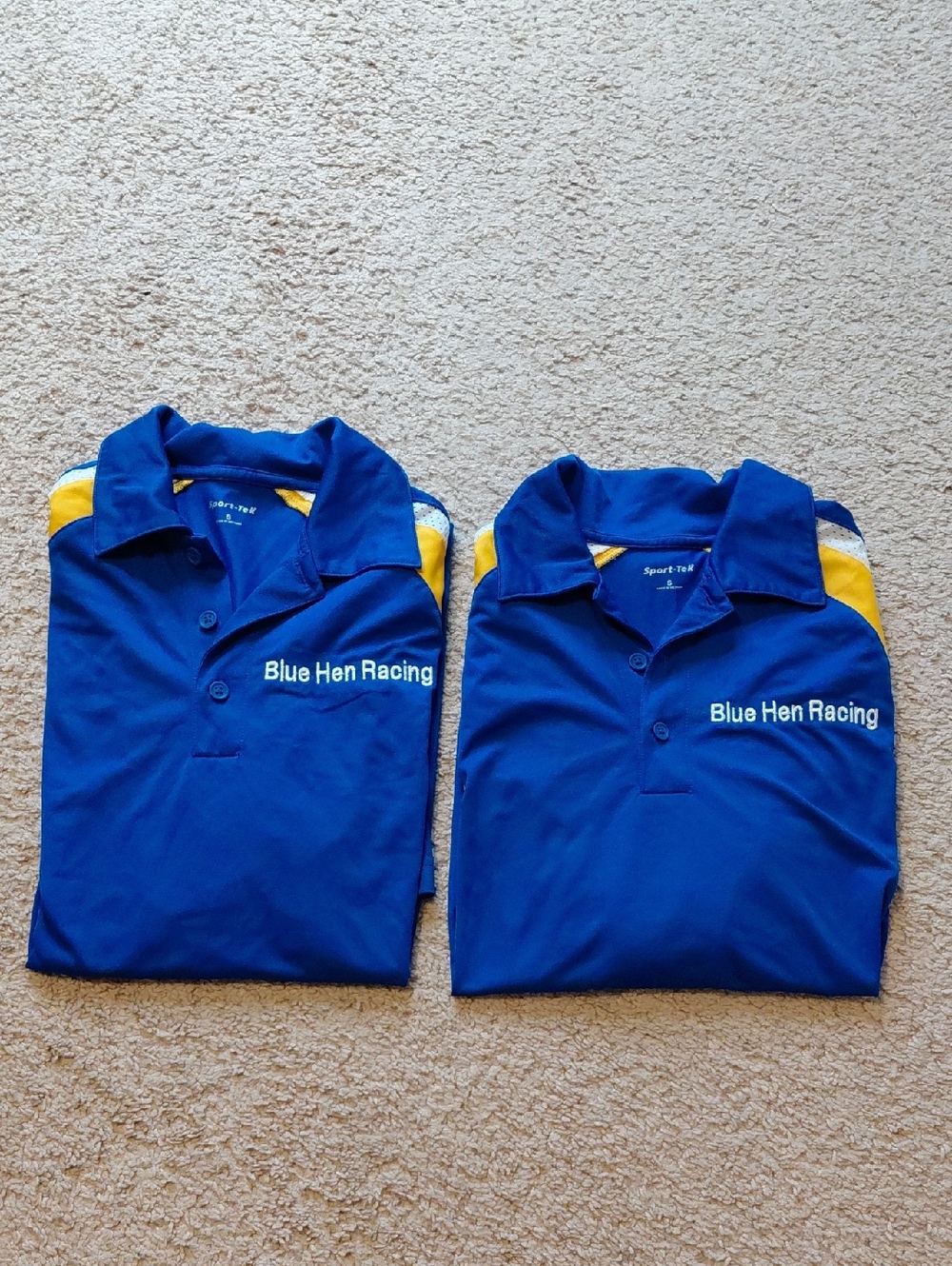 2 For $8 Blue Hen Racing Polo Shirt, Size S, Blue/Yellow